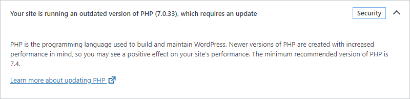 Message: Your site is running an outdated version of PHP, which requires an update