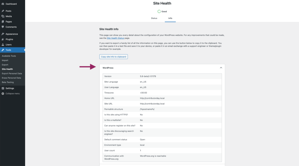 WordPress tab on Site Health Info Screen
